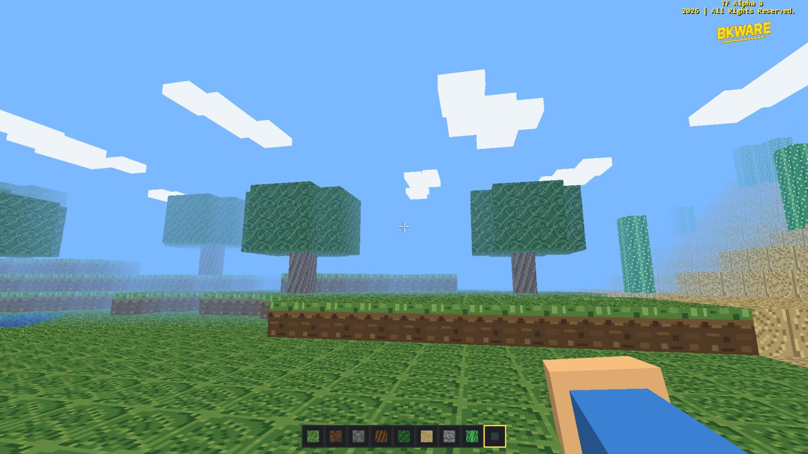 Terrakotta block landscape with sky, grass and water